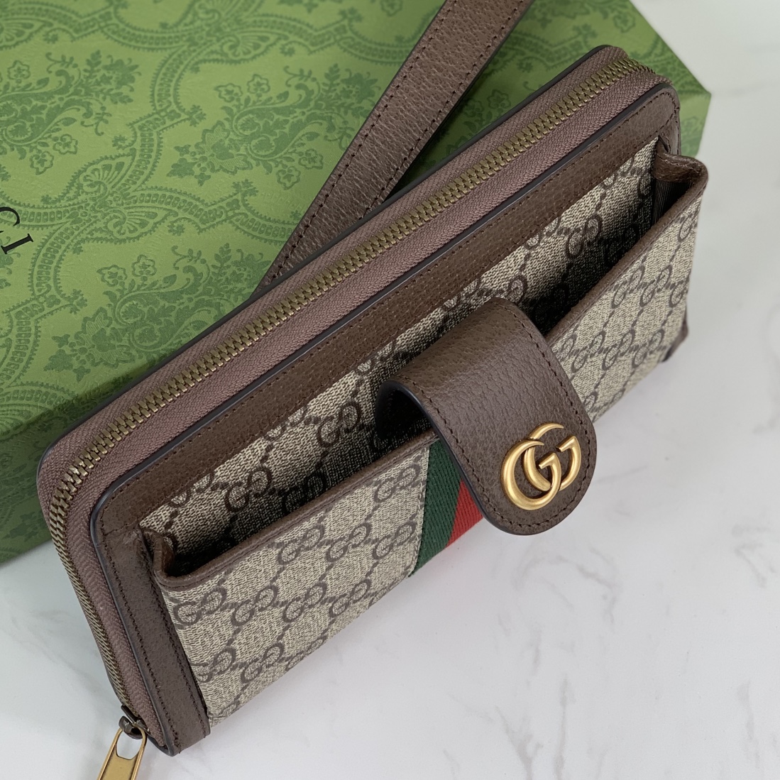 Gucci Ophidia Wallet 760248 in Beige and Dark Brown