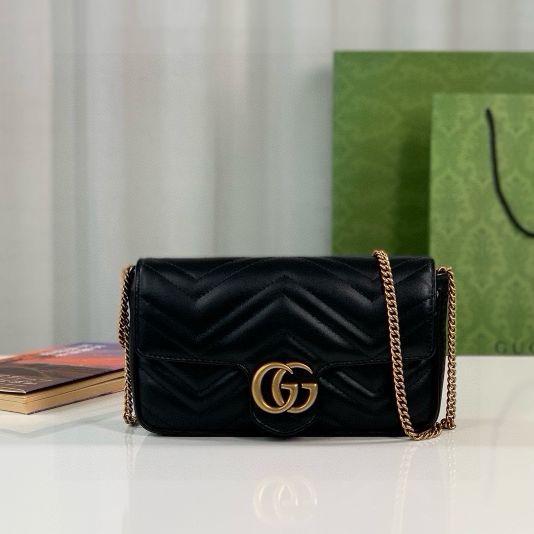 Gucci Marmont Chain Bag in Black Quilted V Leather with White Leather Card Holder 751526