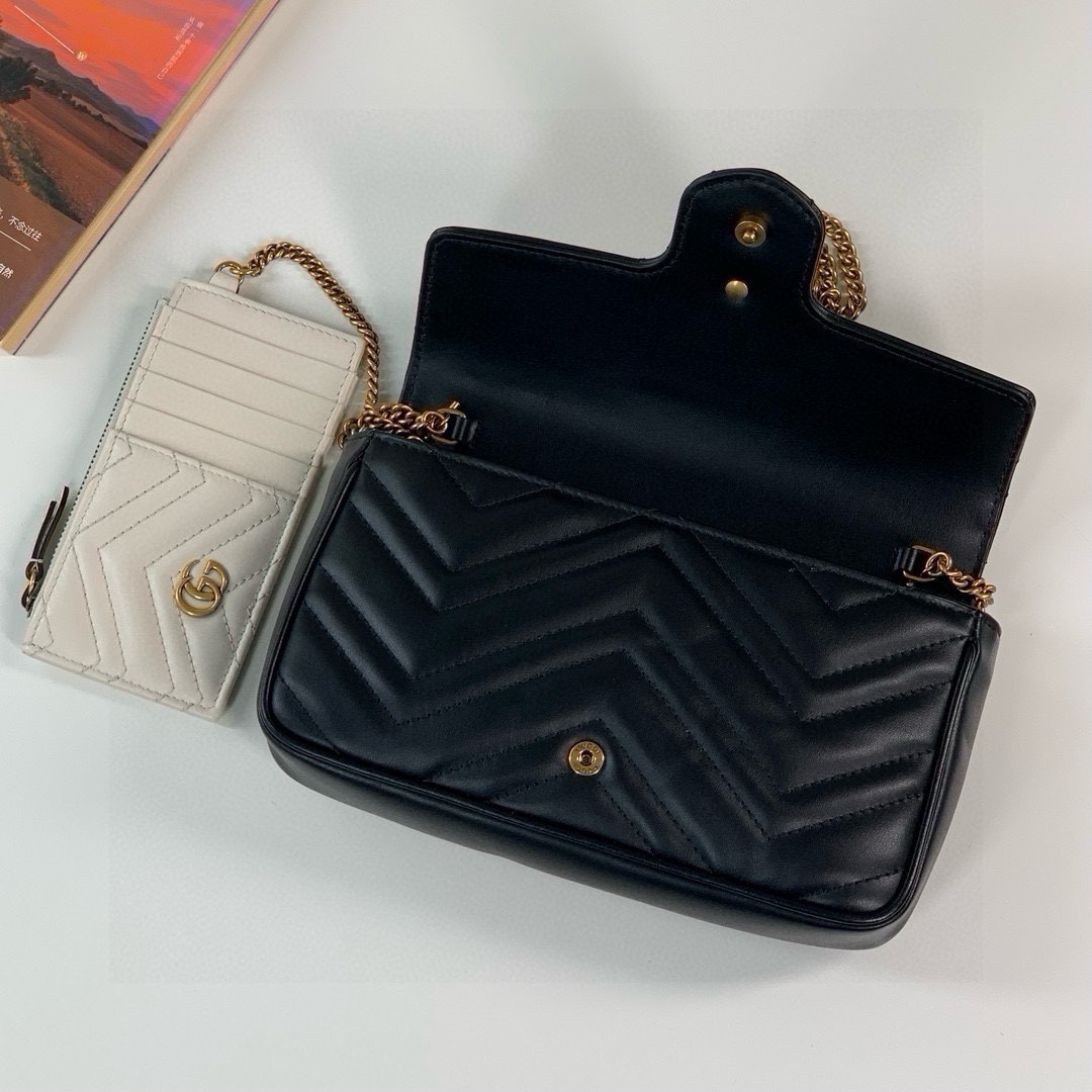 Gucci Marmont Chain Bag in Black Quilted V Leather with White Leather Card Holder 751526