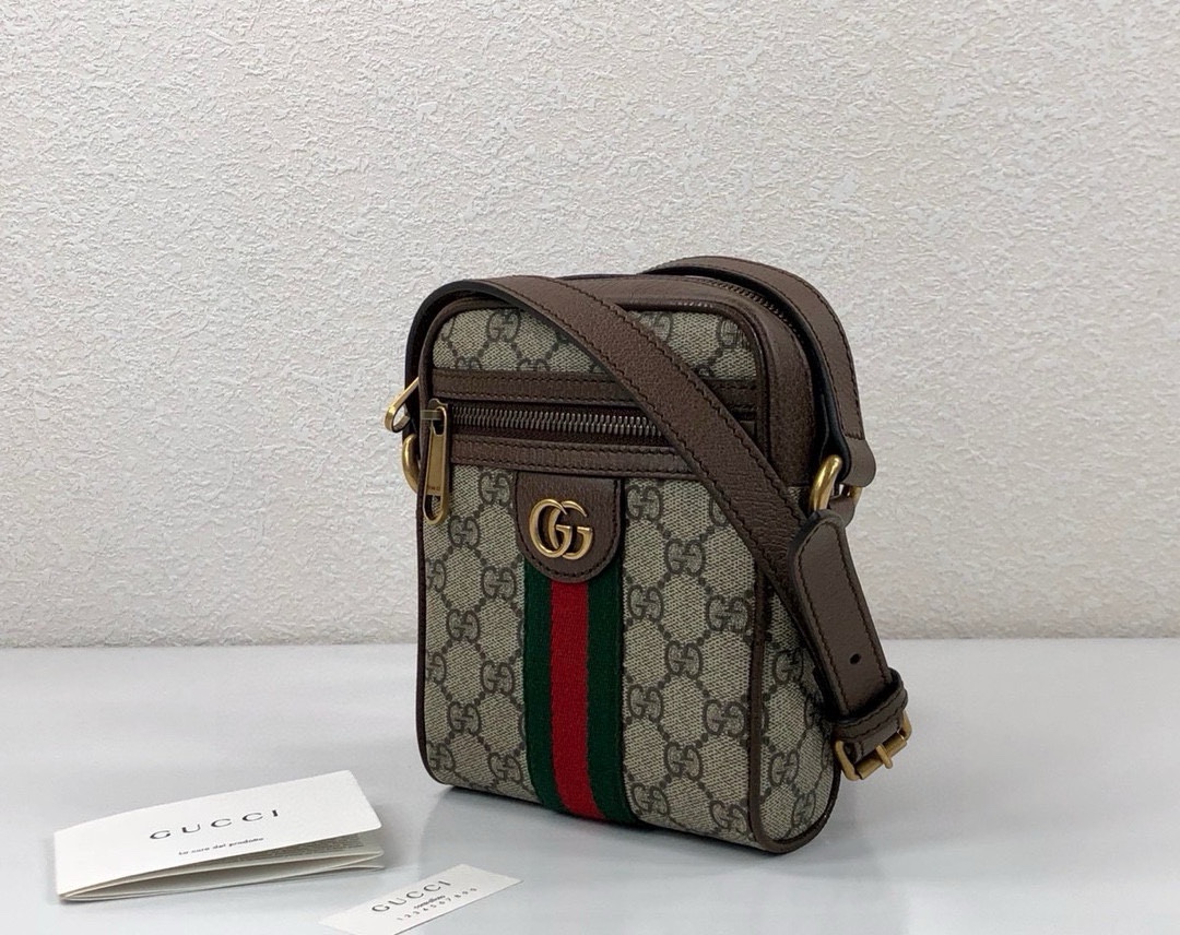 Gucci Ophidia Small Shoulder Bag in Beige and Ebony GG with Brown Leather Trim 598127