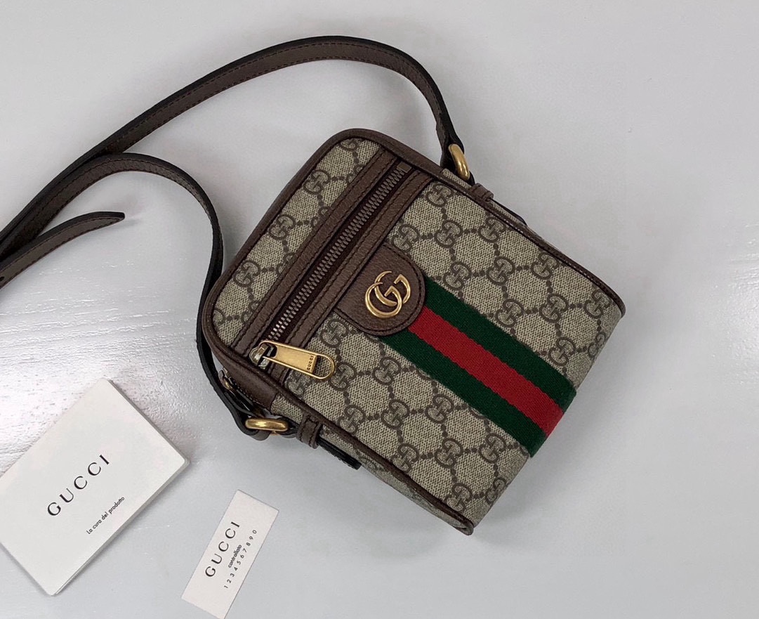 Gucci Ophidia Small Shoulder Bag in Beige and Ebony GG with Brown Leather Trim 598127