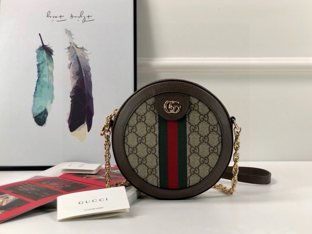 Gucci Ophidia Round Shoulder Bag with Chain Strap and Double G Zip Pull 550618