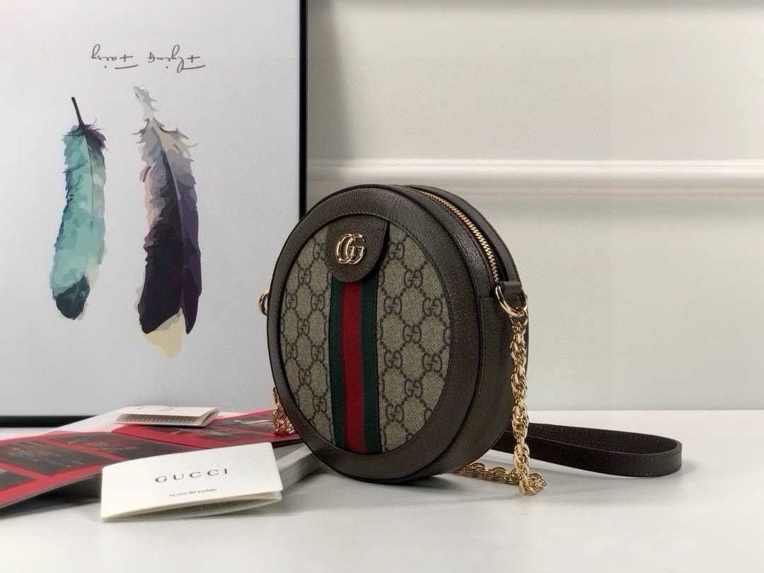 Gucci Ophidia Round Shoulder Bag with Chain Strap and Double G Zip Pull 550618