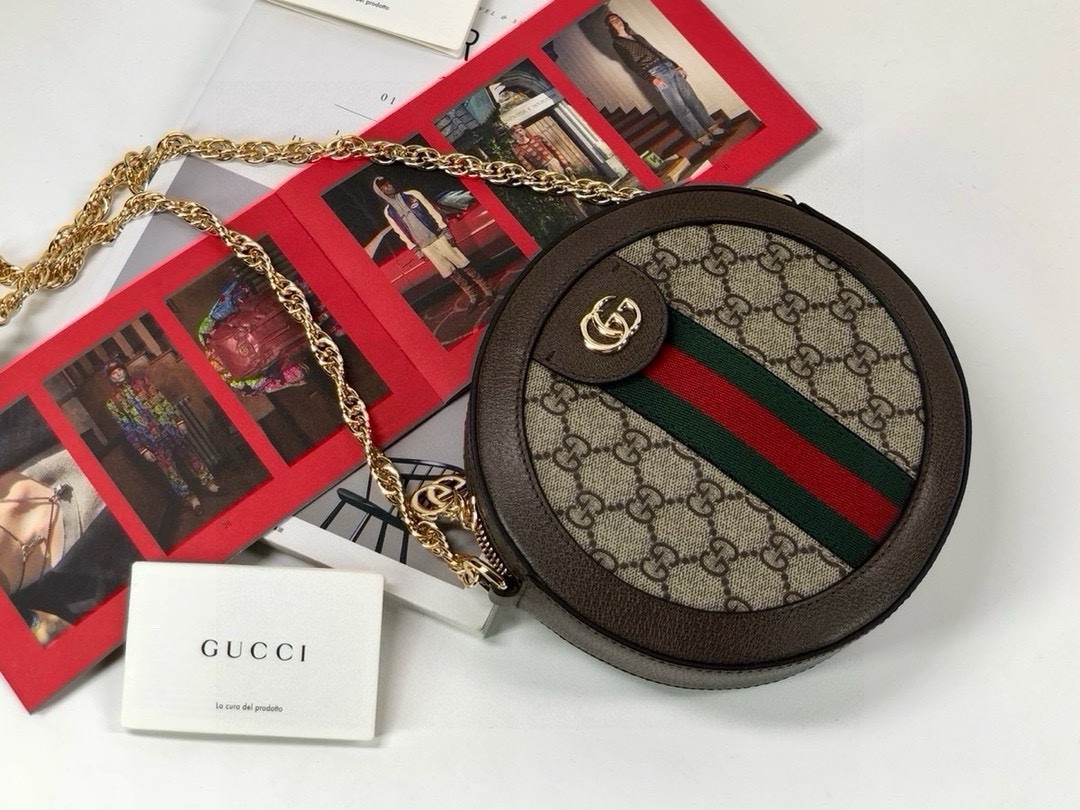 Gucci Ophidia Round Shoulder Bag with Chain Strap and Double G Zip Pull 550618