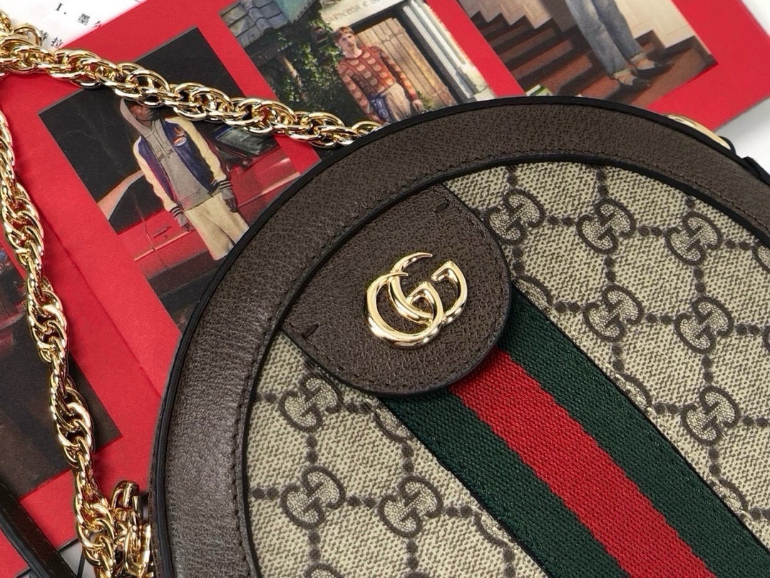 Gucci Ophidia Round Shoulder Bag with Chain Strap and Double G Zip Pull 550618