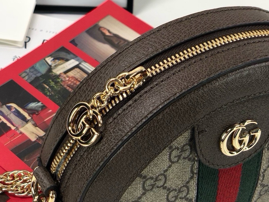 Gucci Ophidia Round Shoulder Bag with Chain Strap and Double G Zip Pull 550618