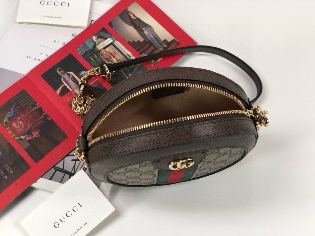 Gucci Ophidia Round Shoulder Bag with Chain Strap and Double G Zip Pull 550618