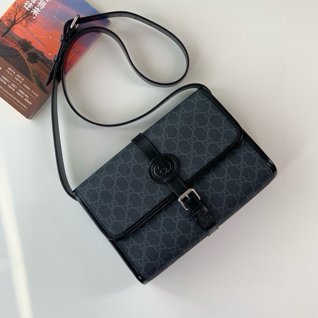 Gucci Double G Oval Leather Tag Messenger Bag