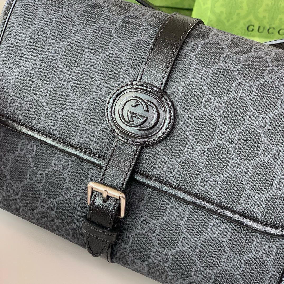 Gucci Double G Oval Leather Tag Messenger Bag