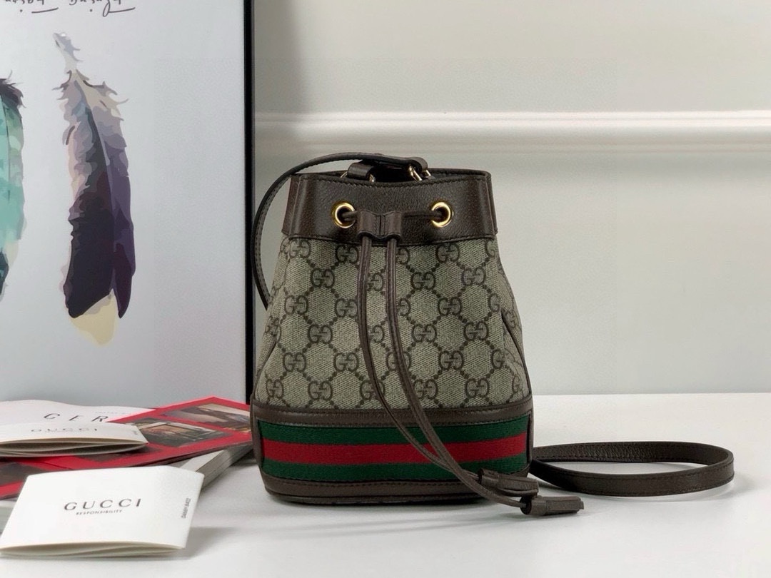 Gucci Ophidia Mini Bucket Bag in Beige and Ebony GG with Brown Leather 550620