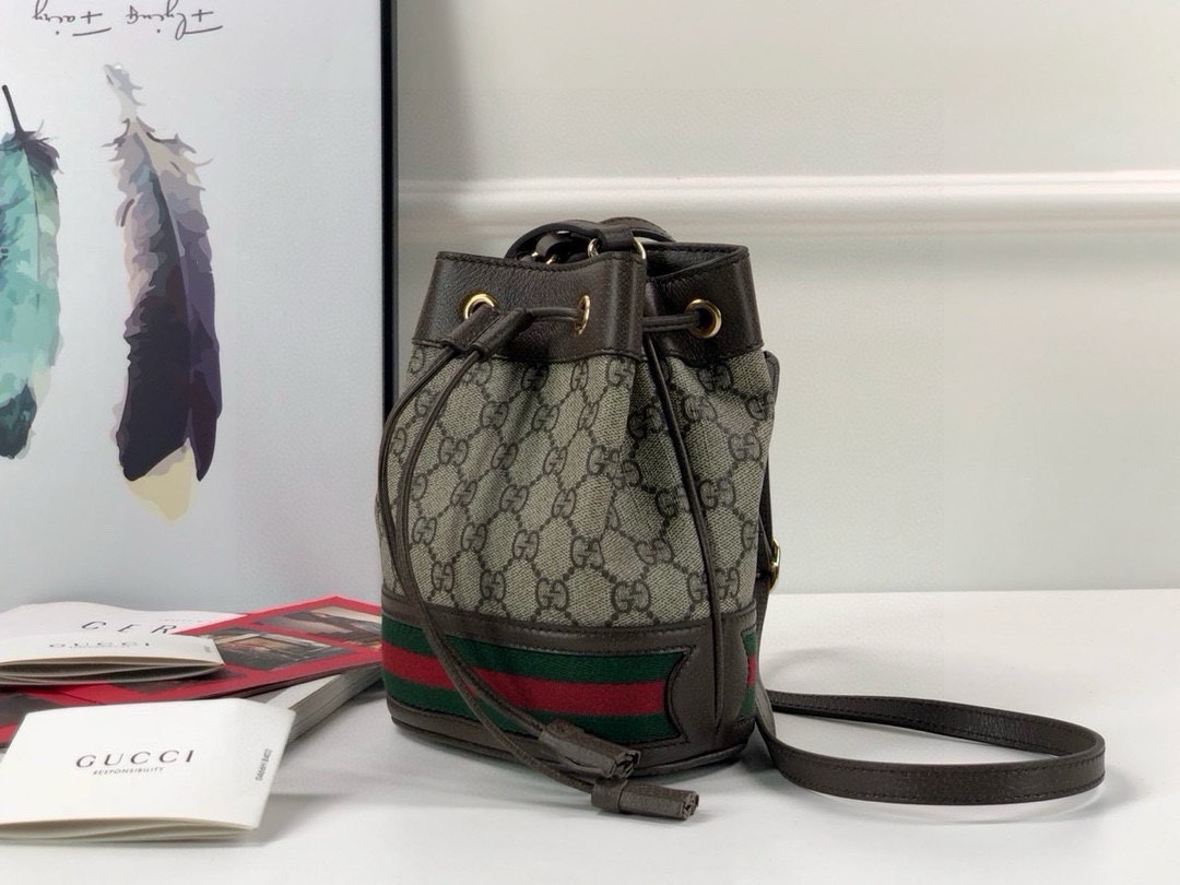 Gucci Ophidia Mini Bucket Bag in Beige and Ebony GG with Brown Leather 550620