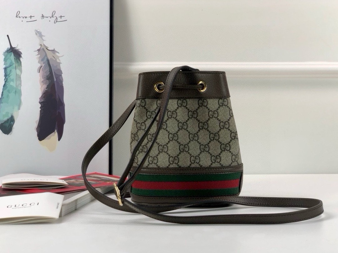 Gucci Ophidia Mini Bucket Bag in Beige and Ebony GG with Brown Leather 550620