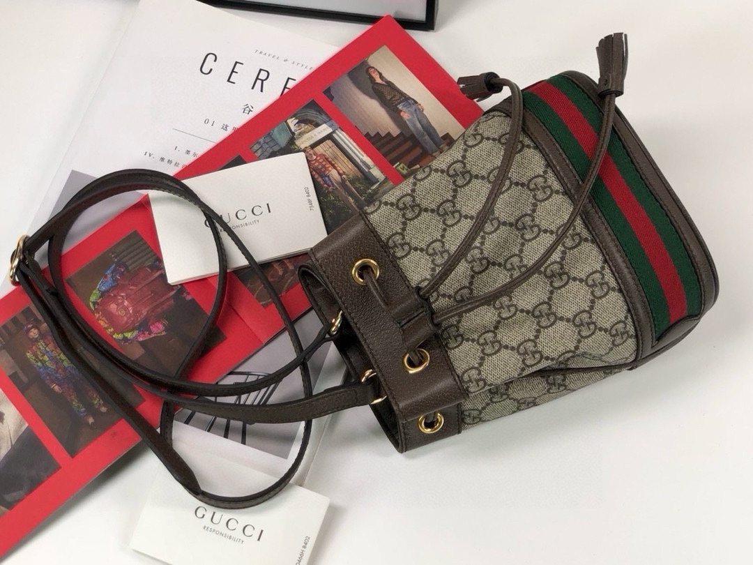 Gucci Ophidia Mini Bucket Bag in Beige and Ebony GG with Brown Leather 550620