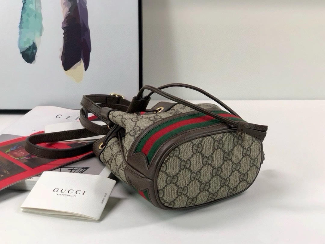 Gucci Ophidia Mini Bucket Bag in Beige and Ebony GG with Brown Leather 550620