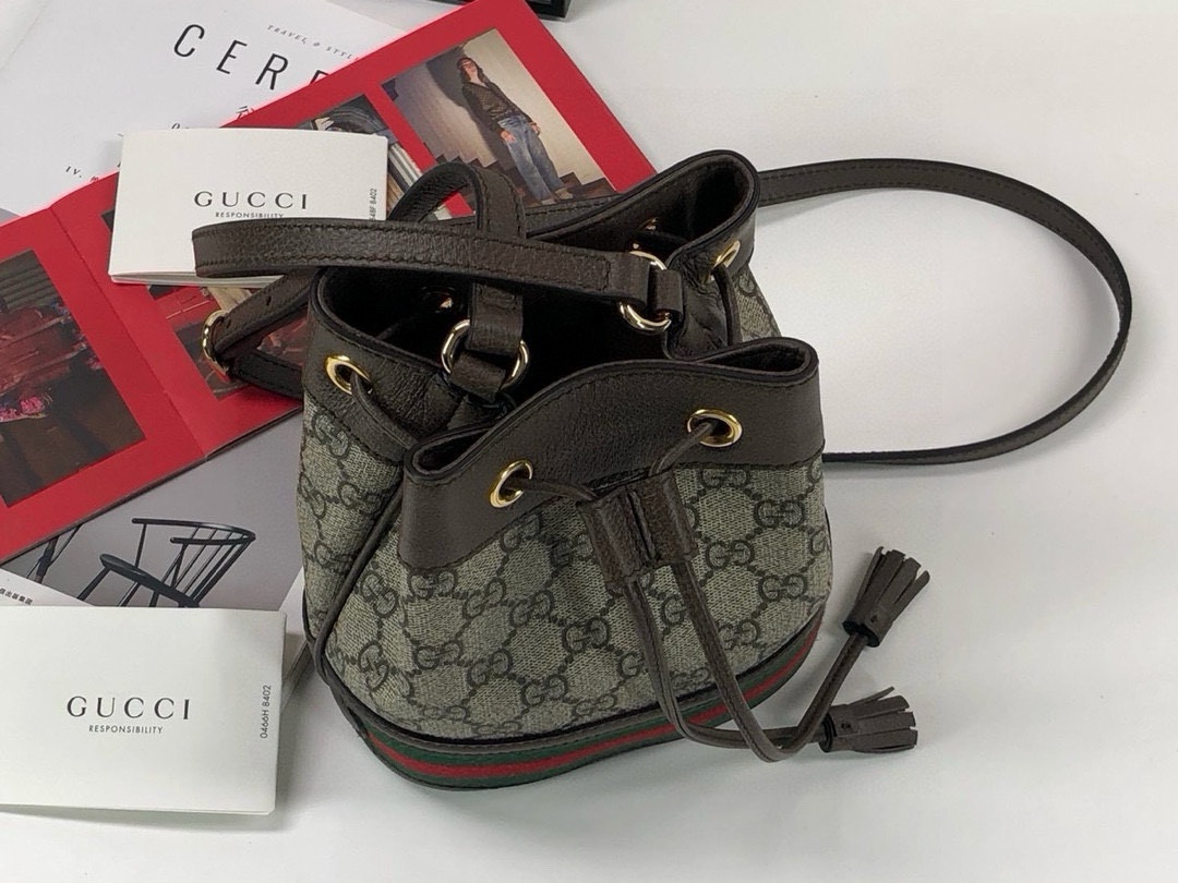 Gucci Ophidia Mini Bucket Bag in Beige and Ebony GG with Brown Leather 550620