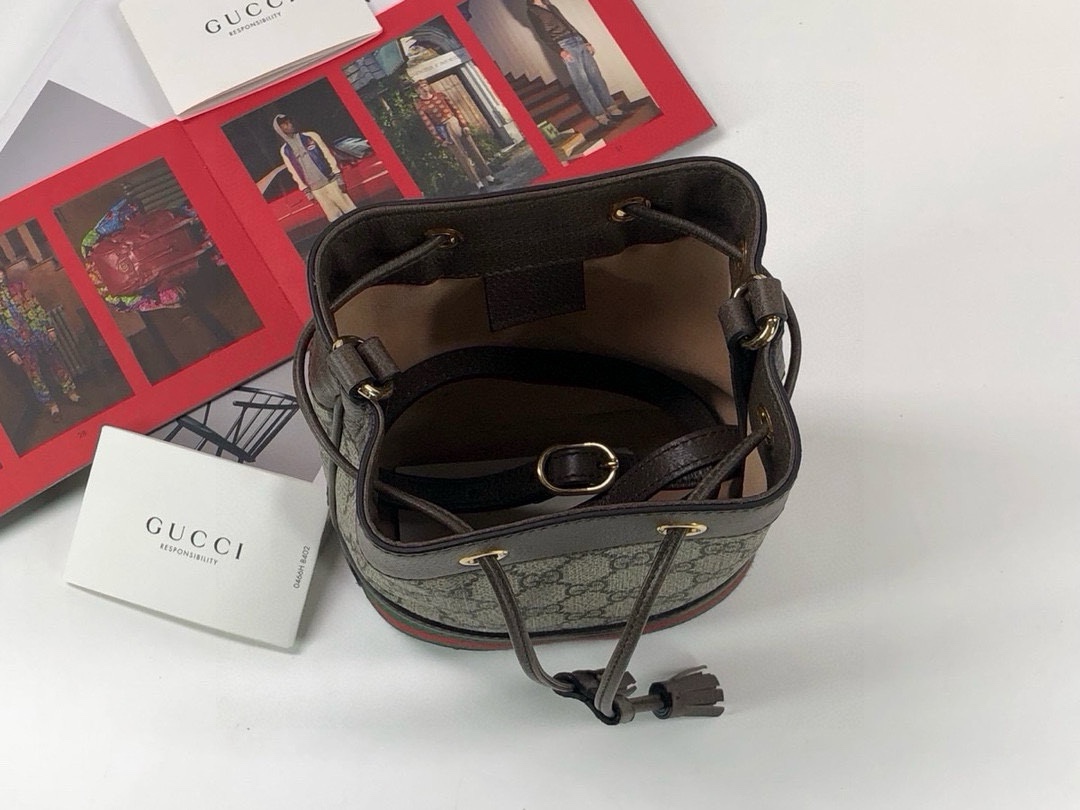 Gucci Ophidia Mini Bucket Bag in Beige and Ebony GG with Brown Leather 550620