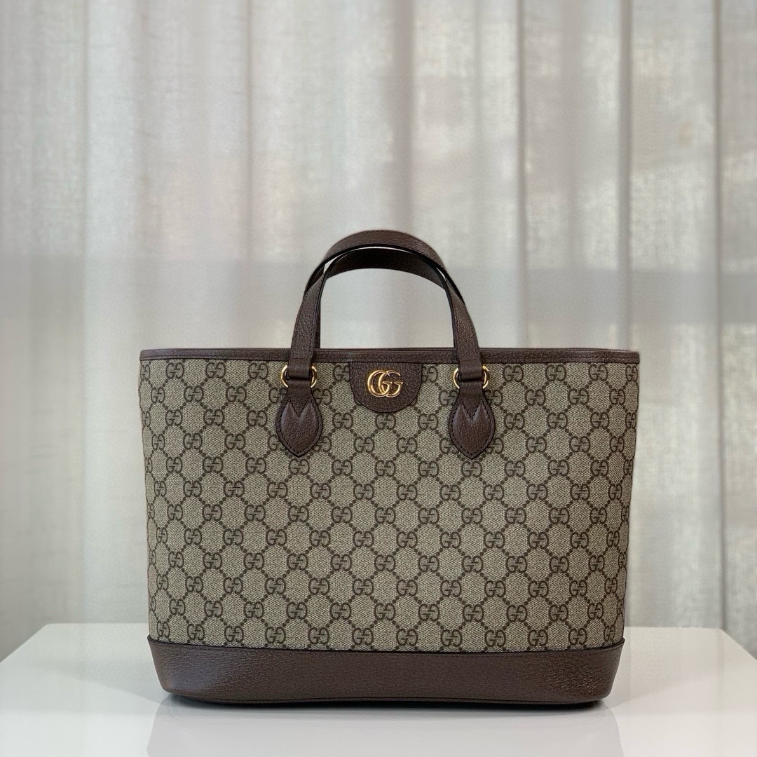 Gucci Ophidia GG Mini Tote Bag in Beige and Ebony GG with Brown Leather 765043