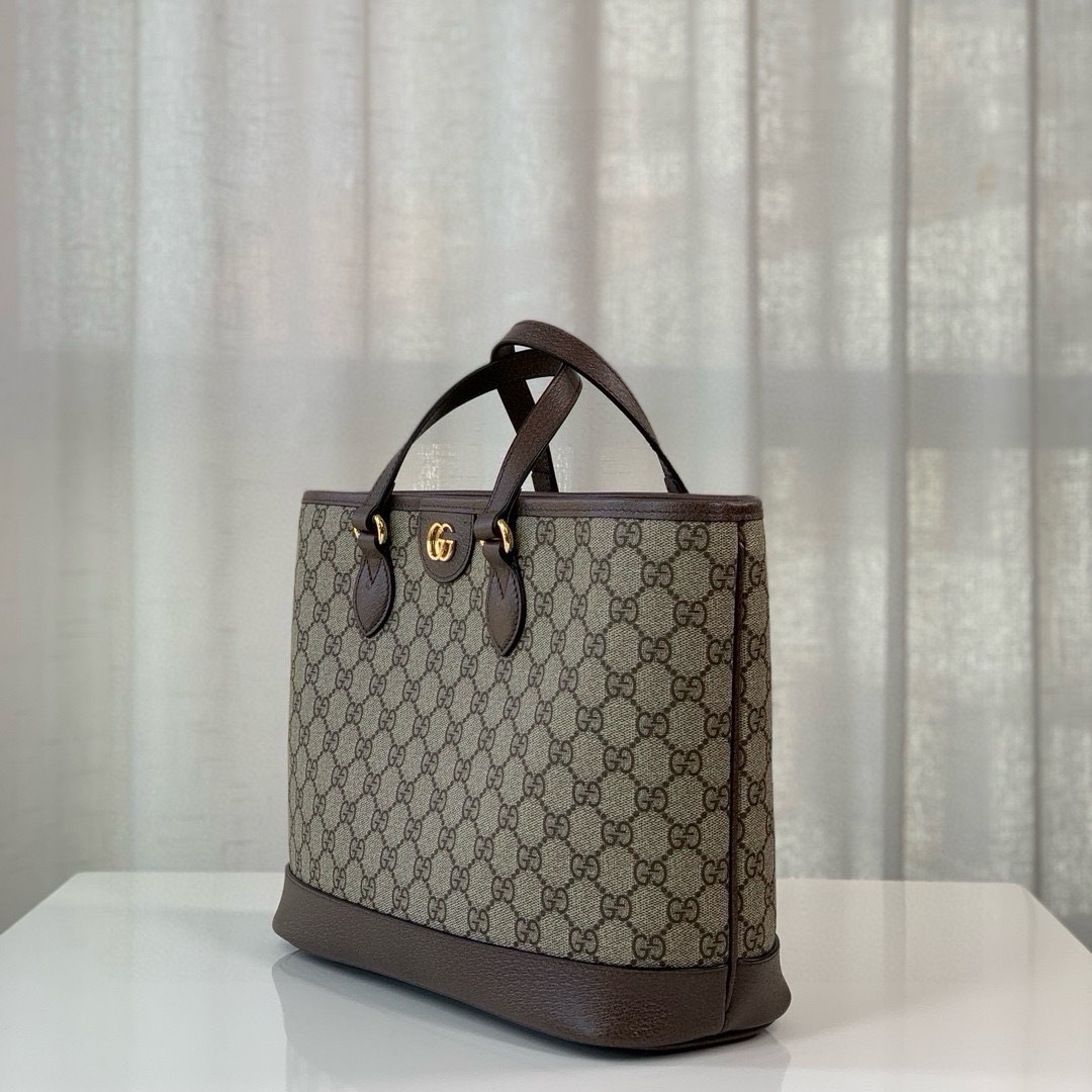 Gucci Ophidia GG Mini Tote Bag in Beige and Ebony GG with Brown Leather 765043