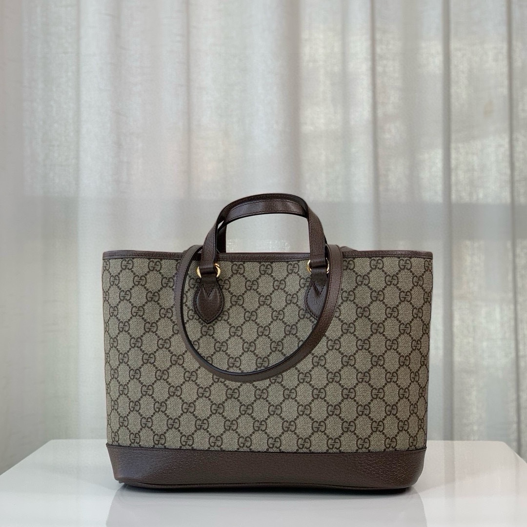 Gucci Ophidia GG Mini Tote Bag in Beige and Ebony GG with Brown Leather 765043