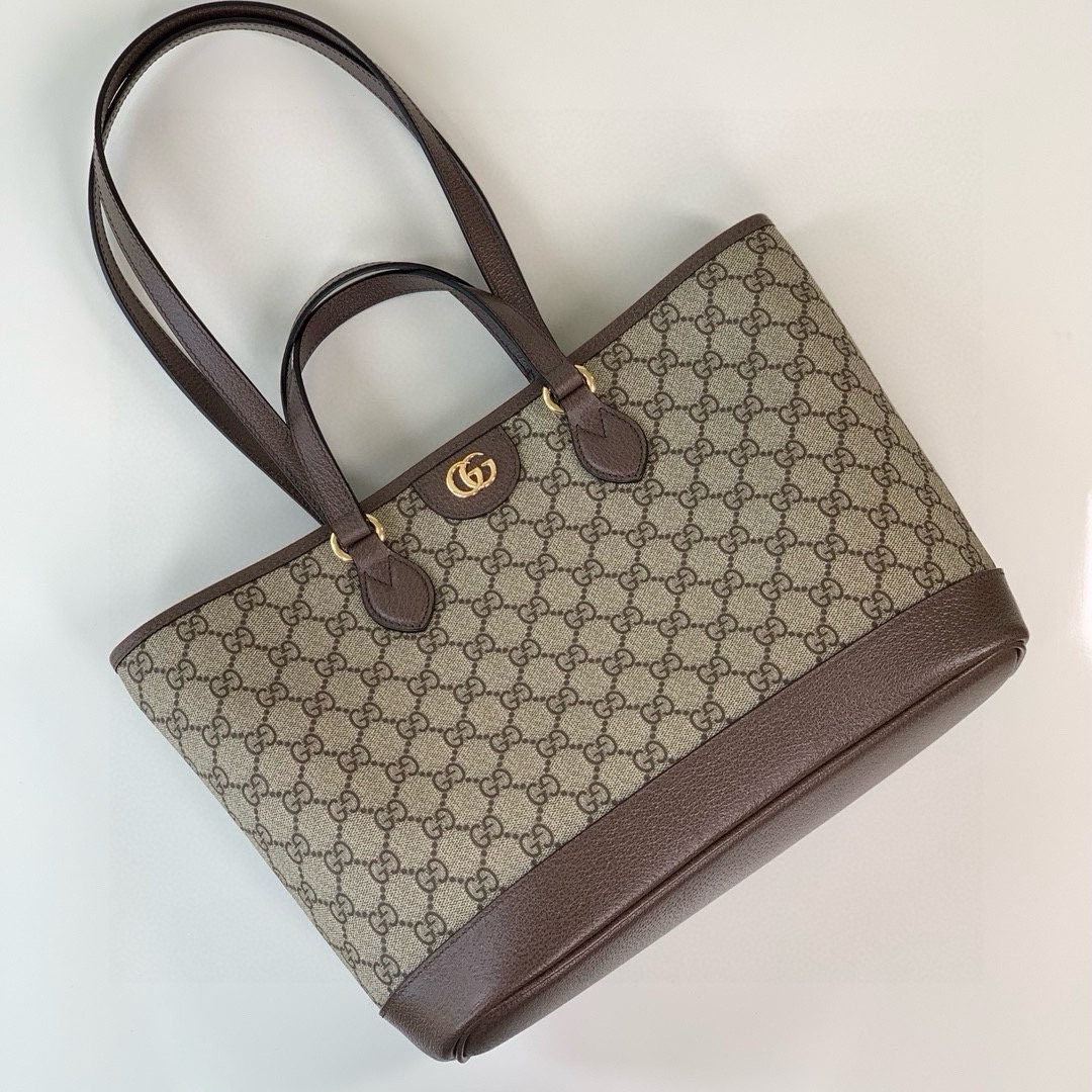 Gucci Ophidia GG Mini Tote Bag in Beige and Ebony GG with Brown Leather 765043