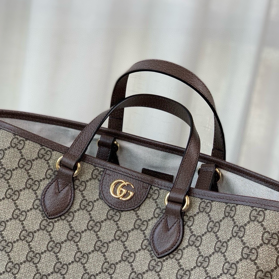 Gucci Ophidia GG Mini Tote Bag in Beige and Ebony GG with Brown Leather 765043