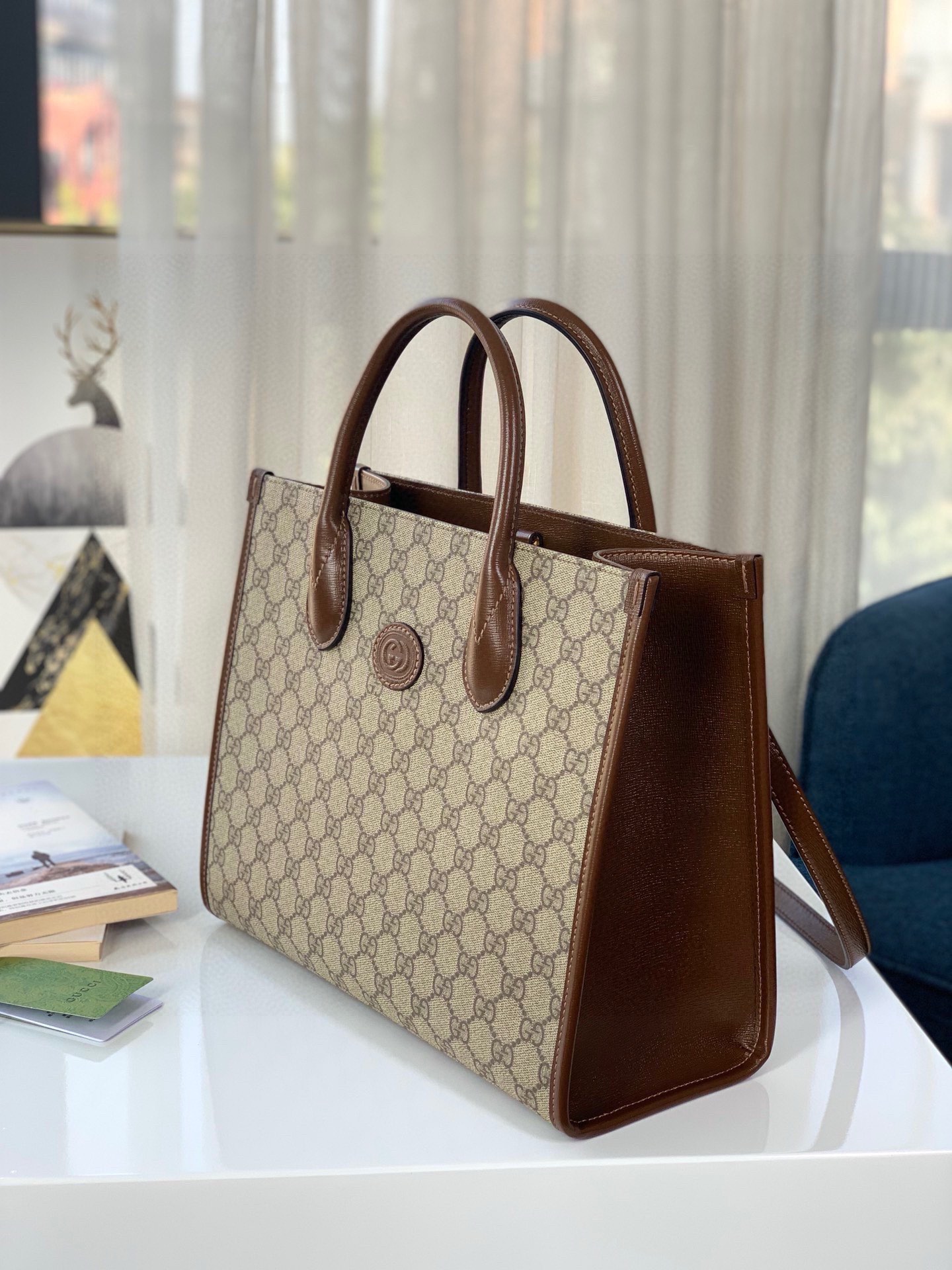 Gucci GG Supreme Small Tote Bag 659983 (Brown Leather Trim)