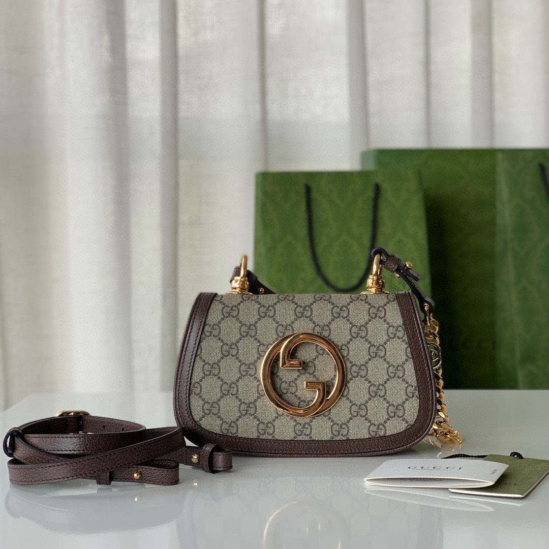 Gucci GG Blondie Mini Shoulder Bag 724645 (Beige and Dark Wood)