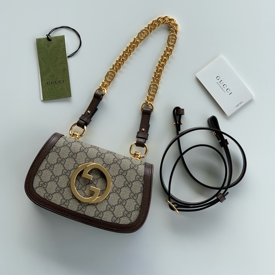 Gucci GG Blondie Mini Shoulder Bag 724645 (Beige and Dark Wood)