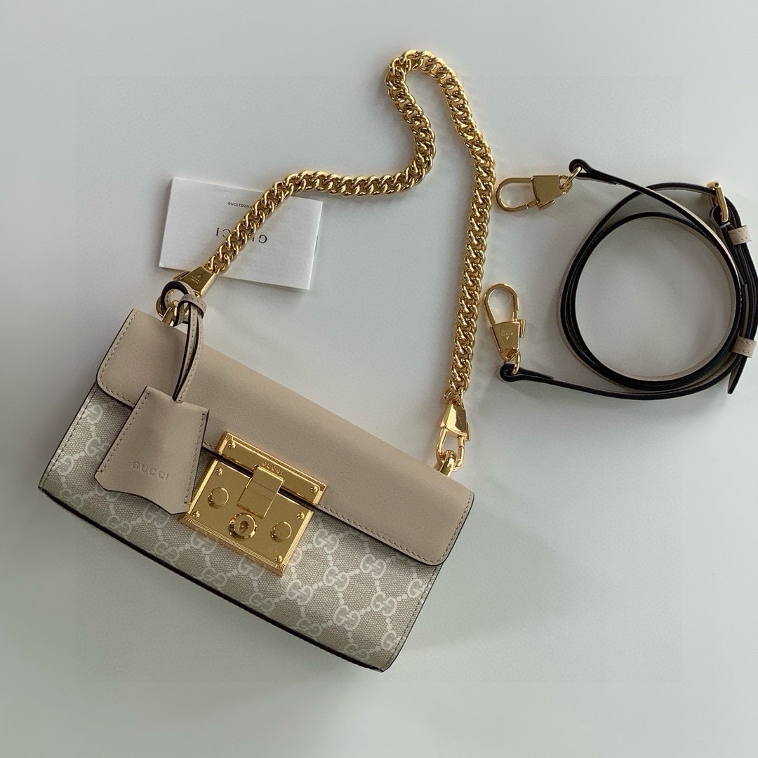 Gucci Padlock Shoulder Bag in Beige and White GG with Oatmeal Leather 735103