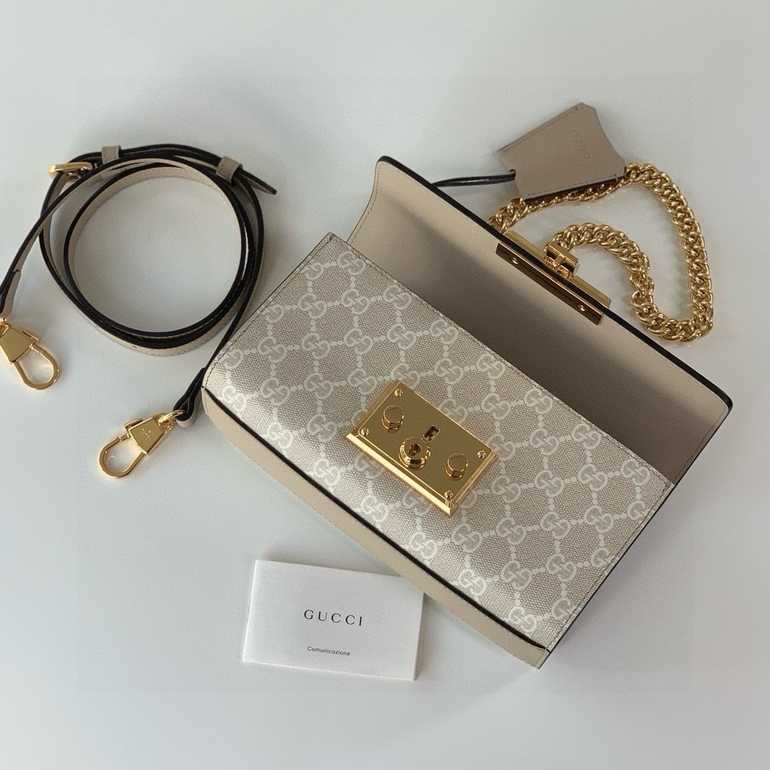 Gucci Padlock Shoulder Bag in Beige and White GG with Oatmeal Leather 735103