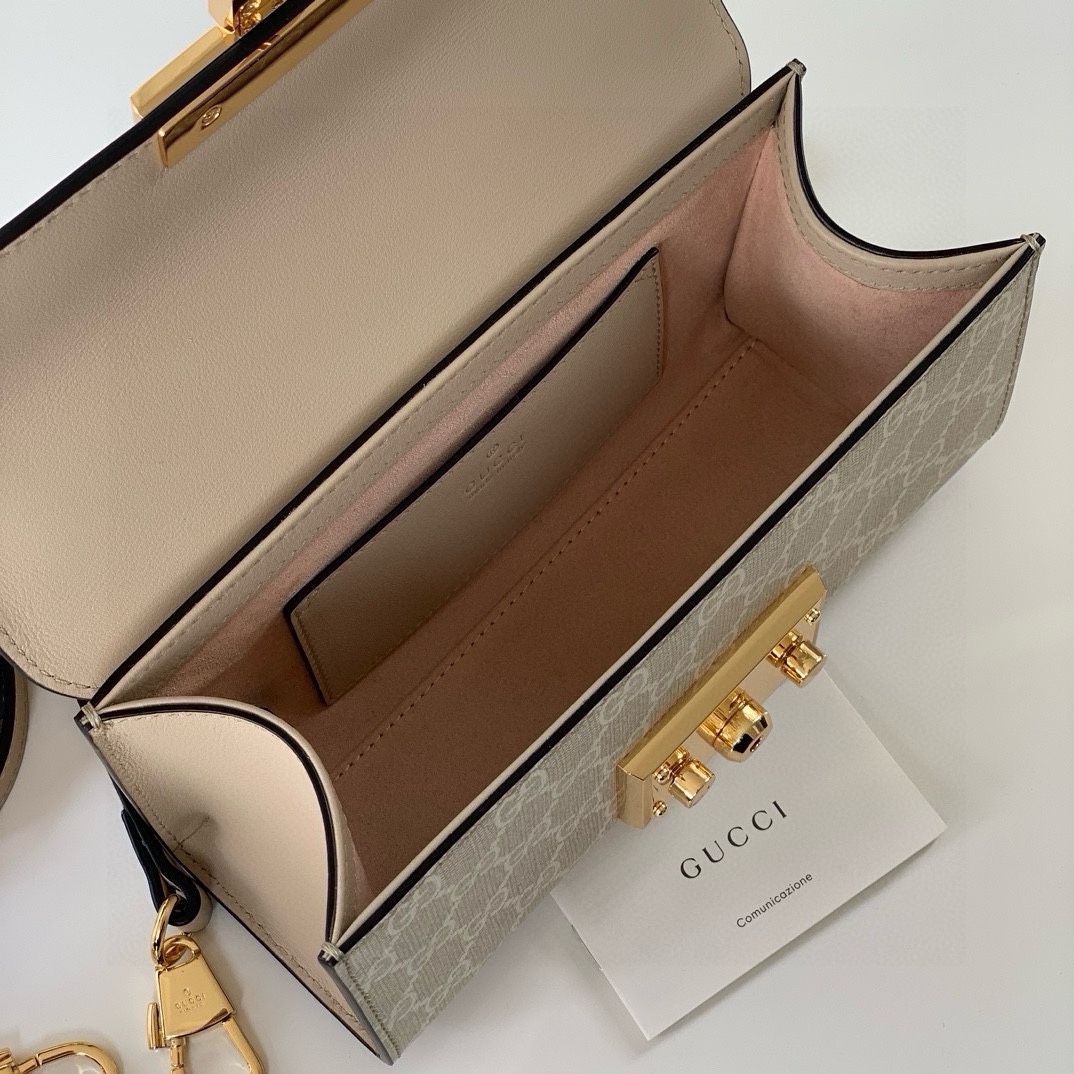 Gucci Padlock Shoulder Bag in Beige and White GG with Oatmeal Leather 735103