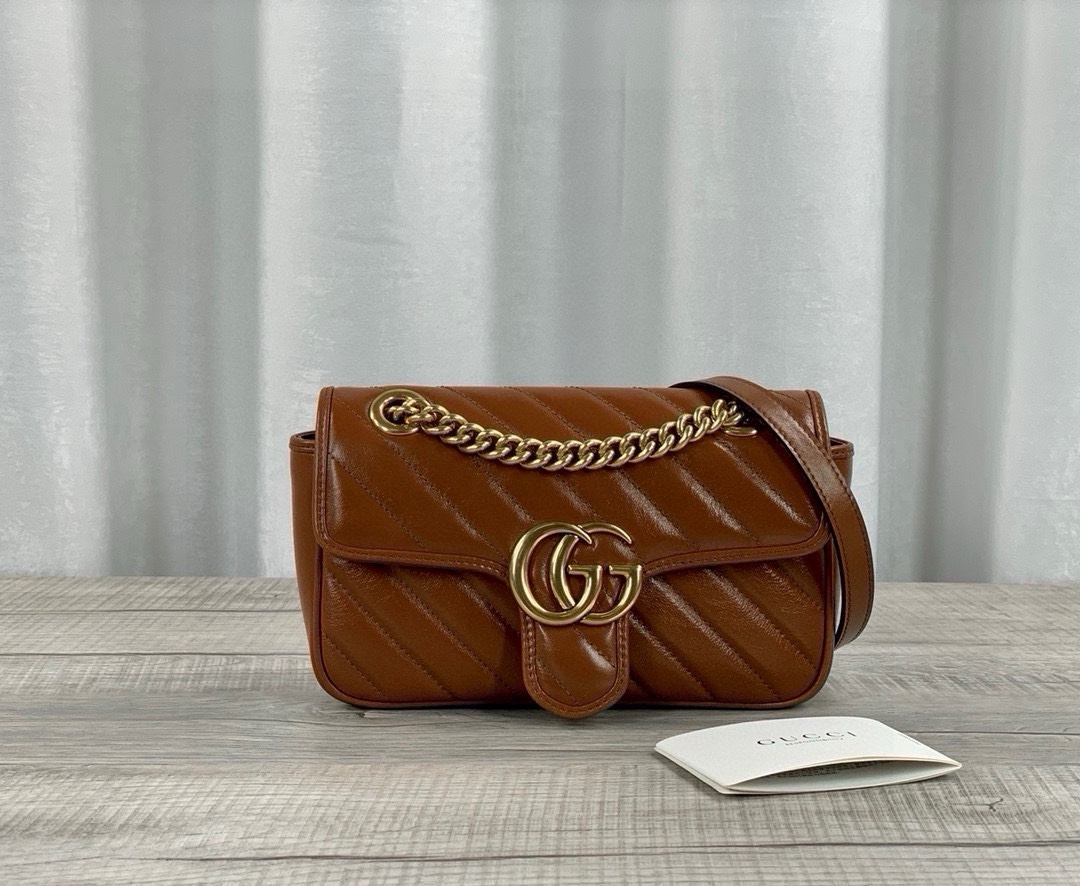 Gucci GG Marmont Small Chain Shoulder Bag 446744 (Brown Leather)