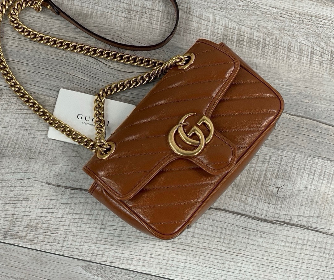 Gucci GG Marmont Small Chain Shoulder Bag 446744 (Brown Leather)