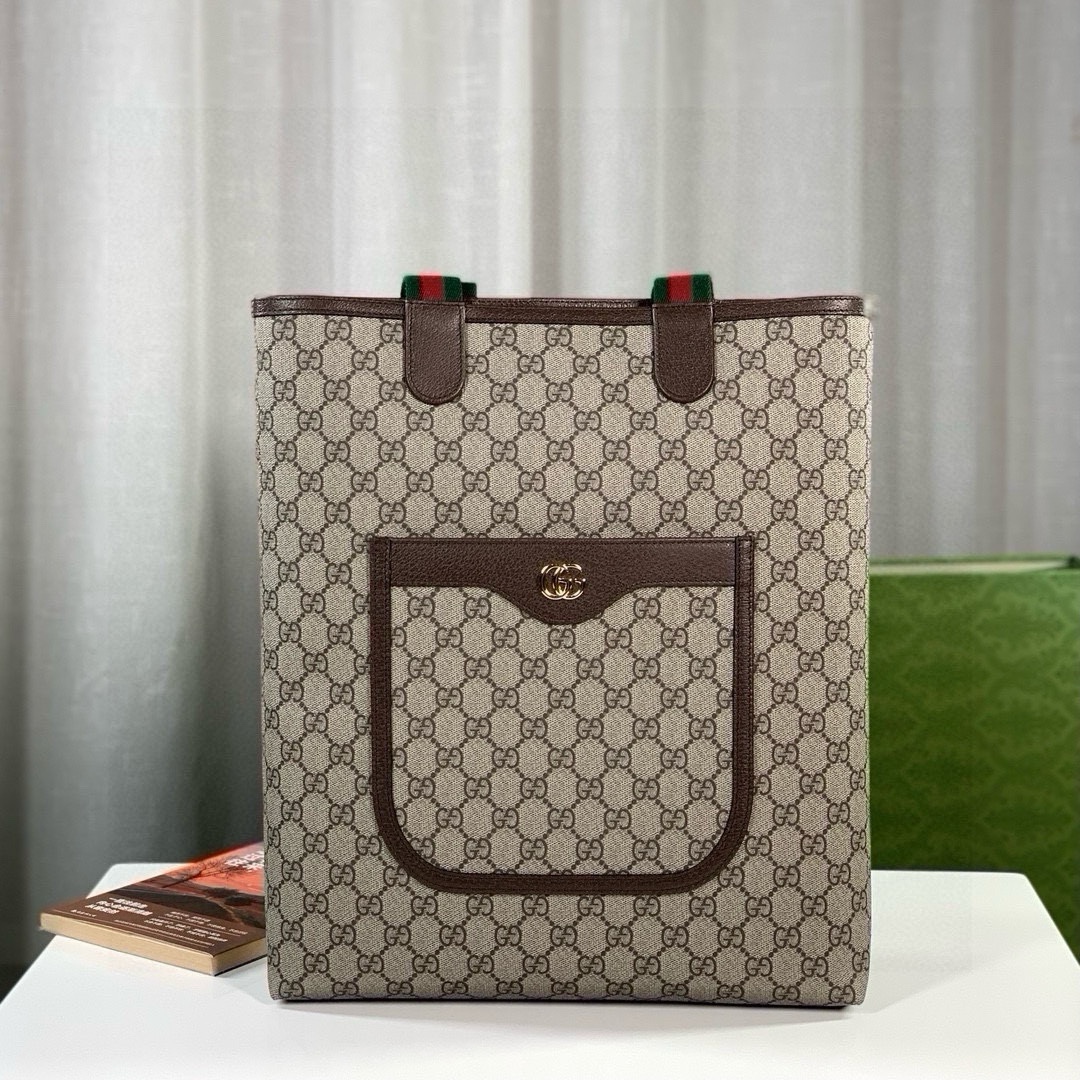 Gucci Ophidia Tote Bag (744544 Beige and Dark Brown GG with Brown Leather)