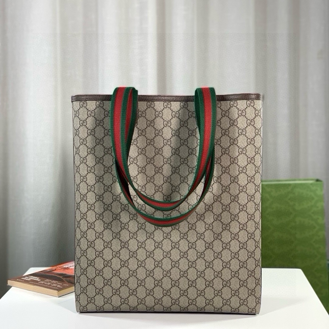 Gucci Ophidia Tote Bag (744544 Beige and Dark Brown GG with Brown Leather)