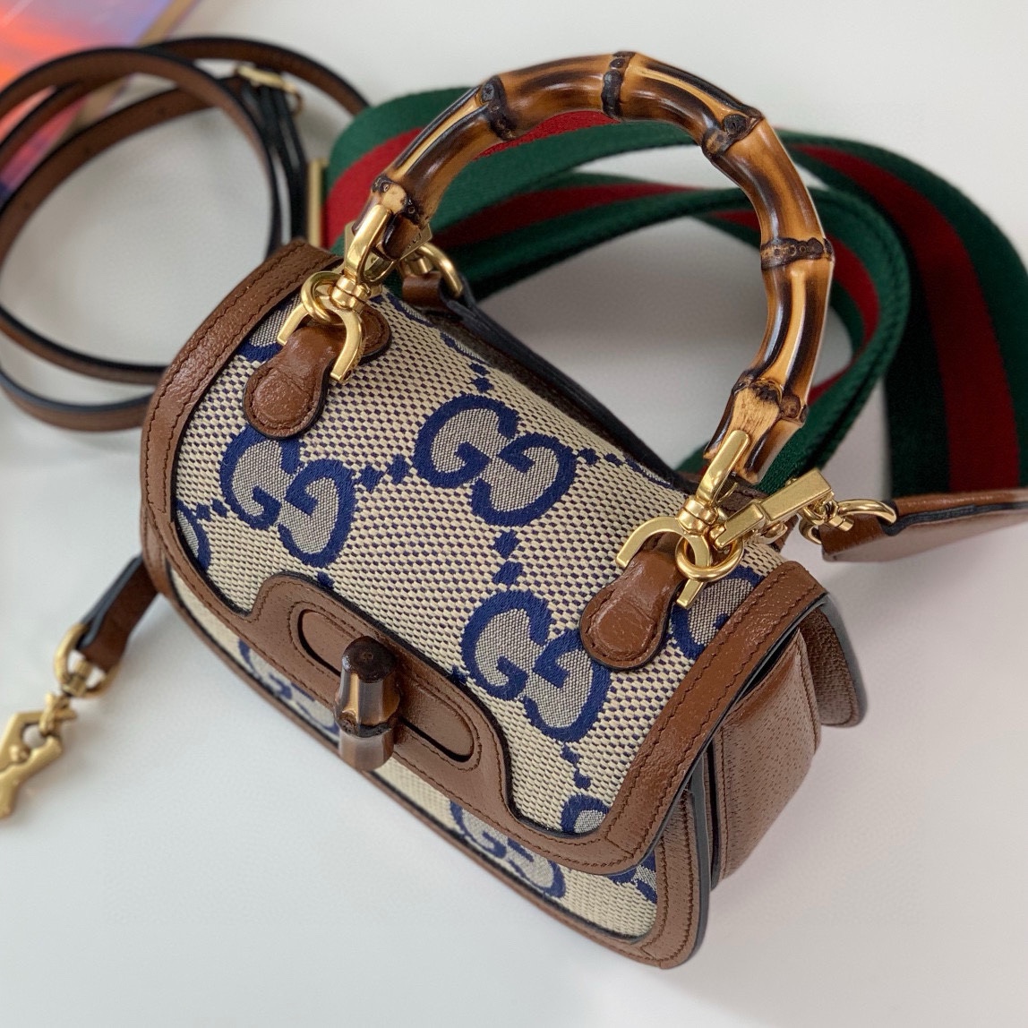 Gucci Diana Super Double G Bamboo Mini Bag 686864 (Camel & Blue)