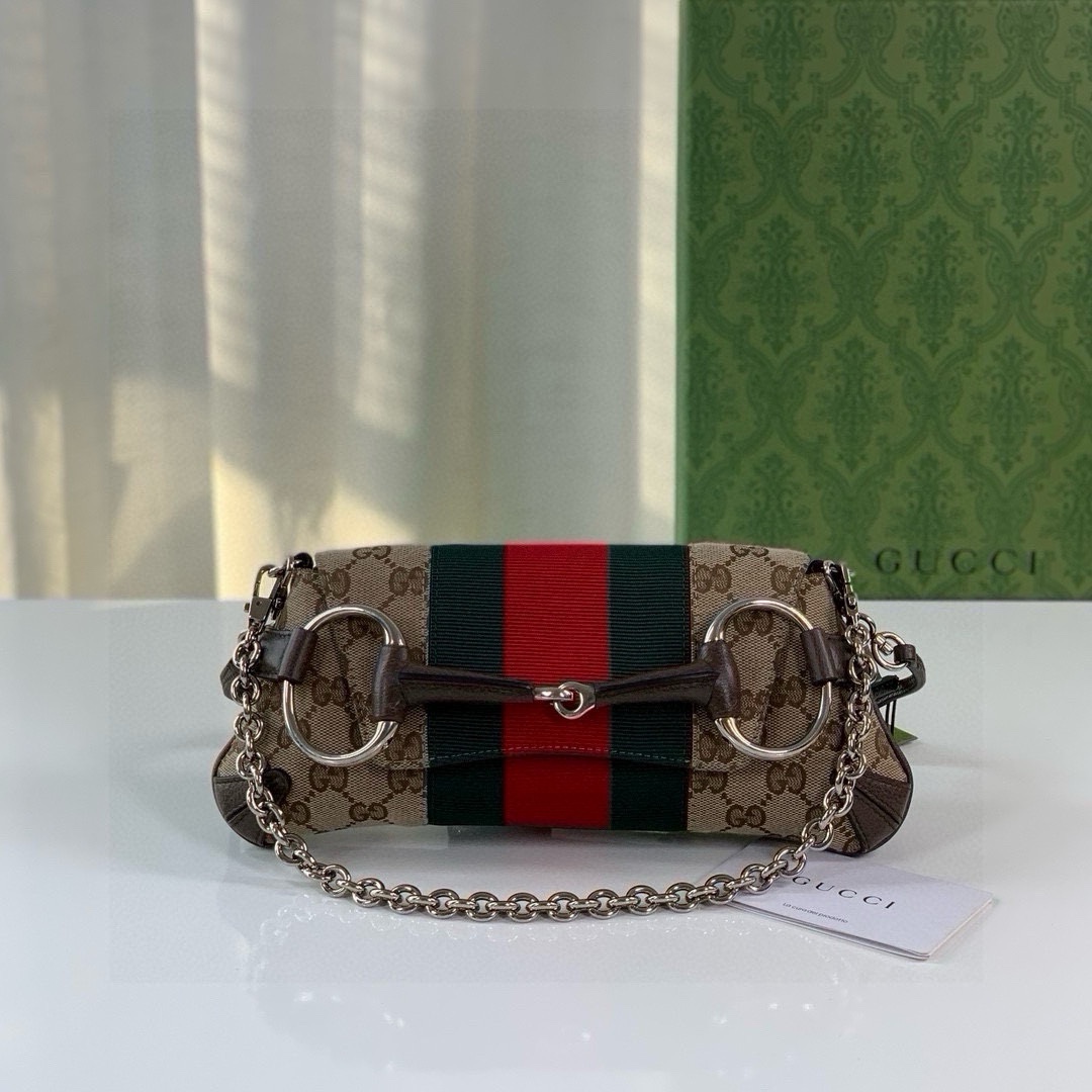 Gucci Horsebit Chain Small Shoulder Bag 764339 Beige and Ebony GG