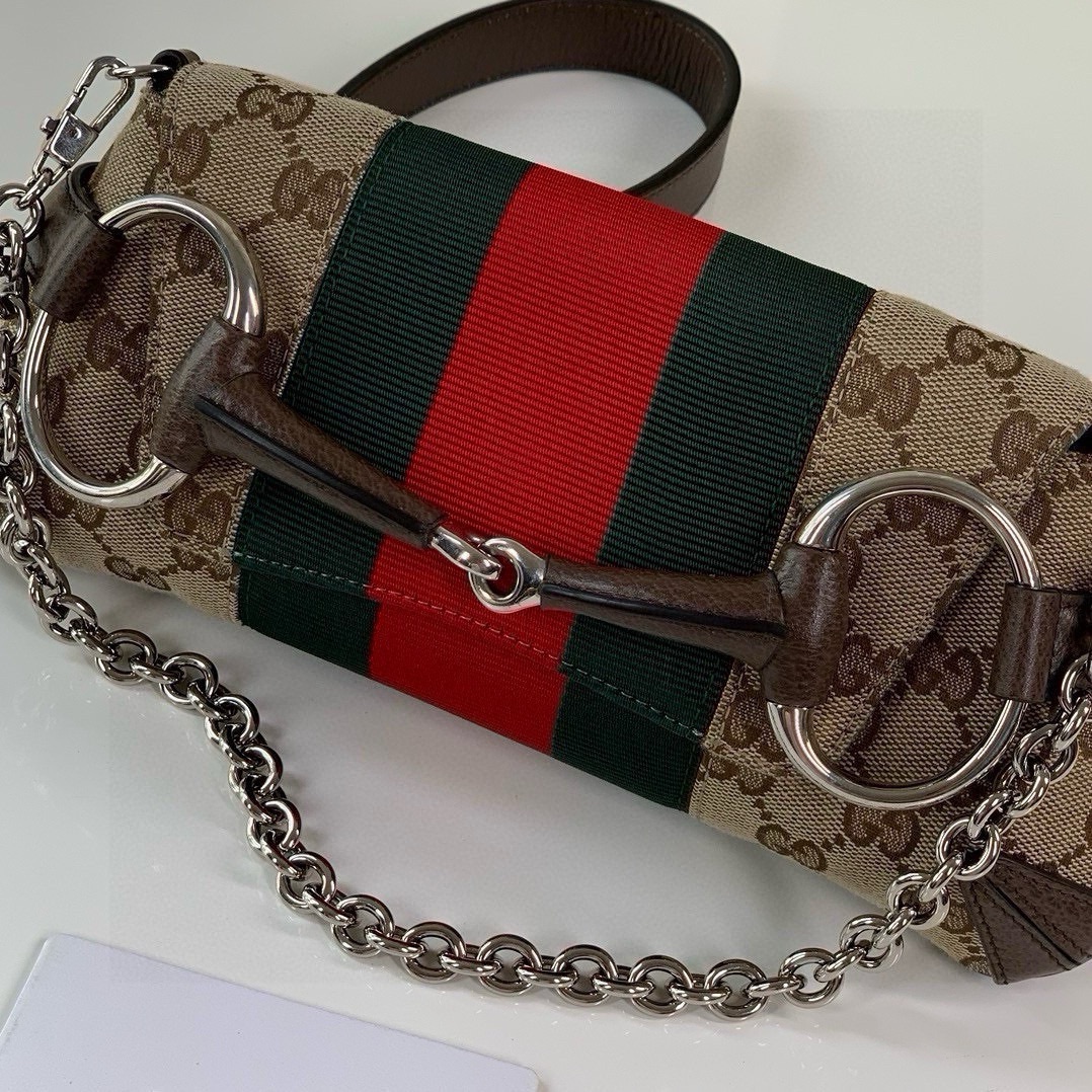 Gucci Horsebit Chain Small Shoulder Bag 764339 Beige and Ebony GG