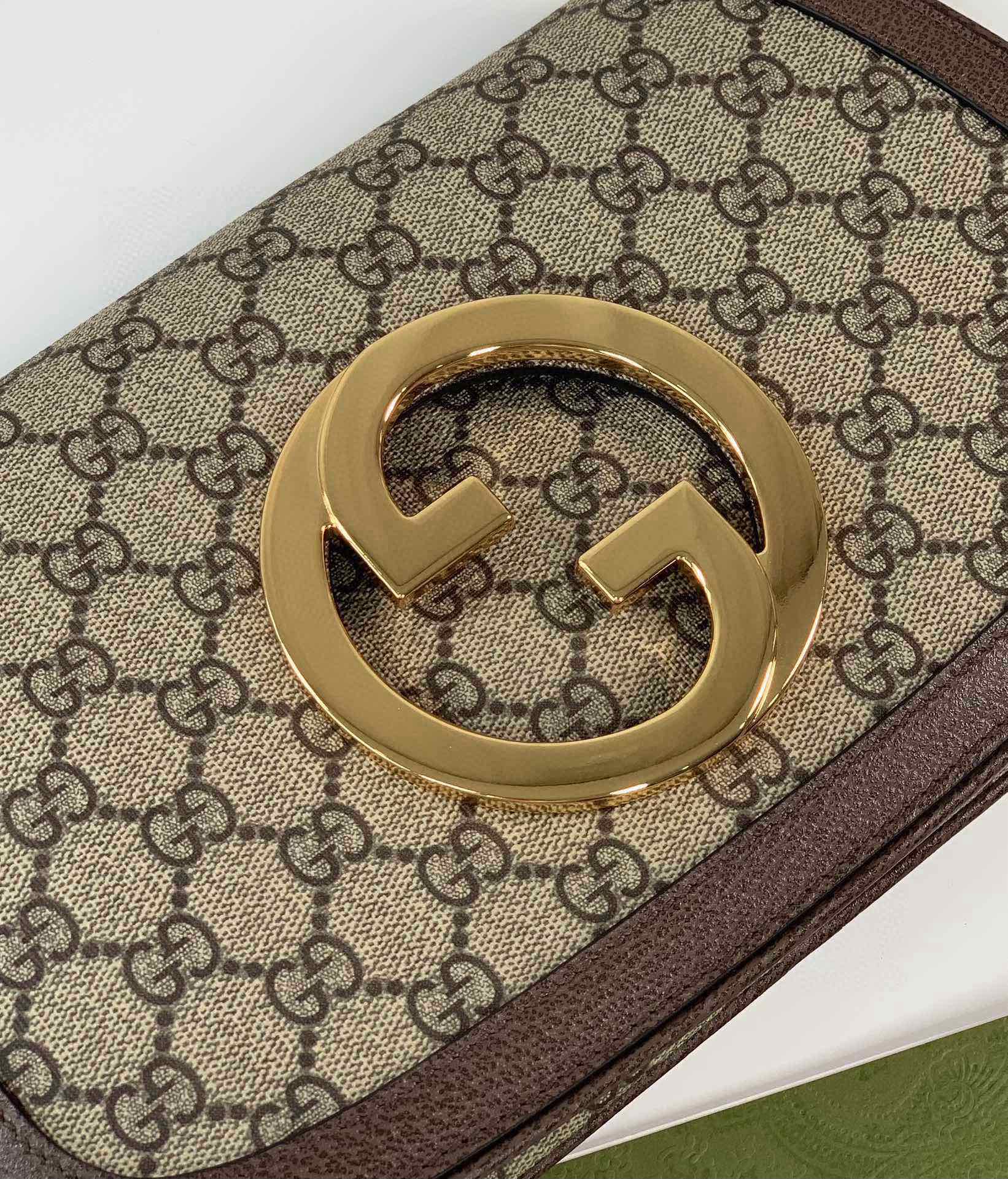 Gucci GG Interlocking Double G Shoulder Bag - Style 699268 (Beige and Dark Wood)