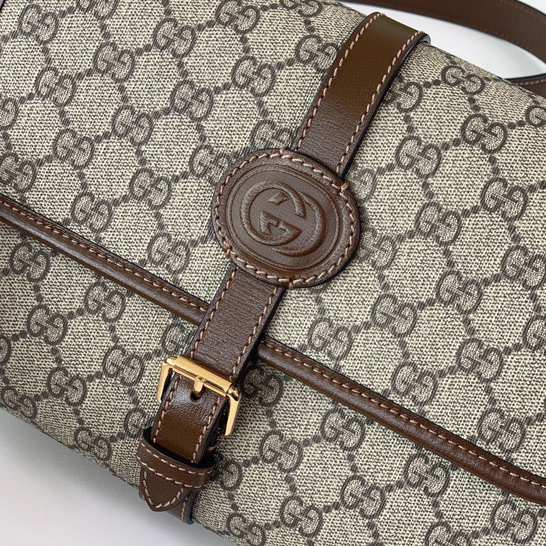 Gucci GG Double G Oval Leather Tag Messenger Bag 745679 Beige/Ebony