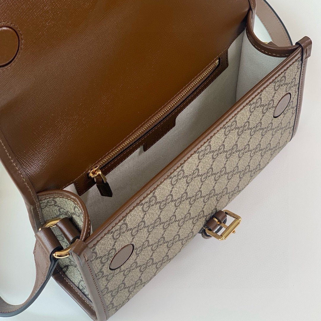 Gucci GG Double G Oval Leather Tag Messenger Bag 745679 Beige/Ebony