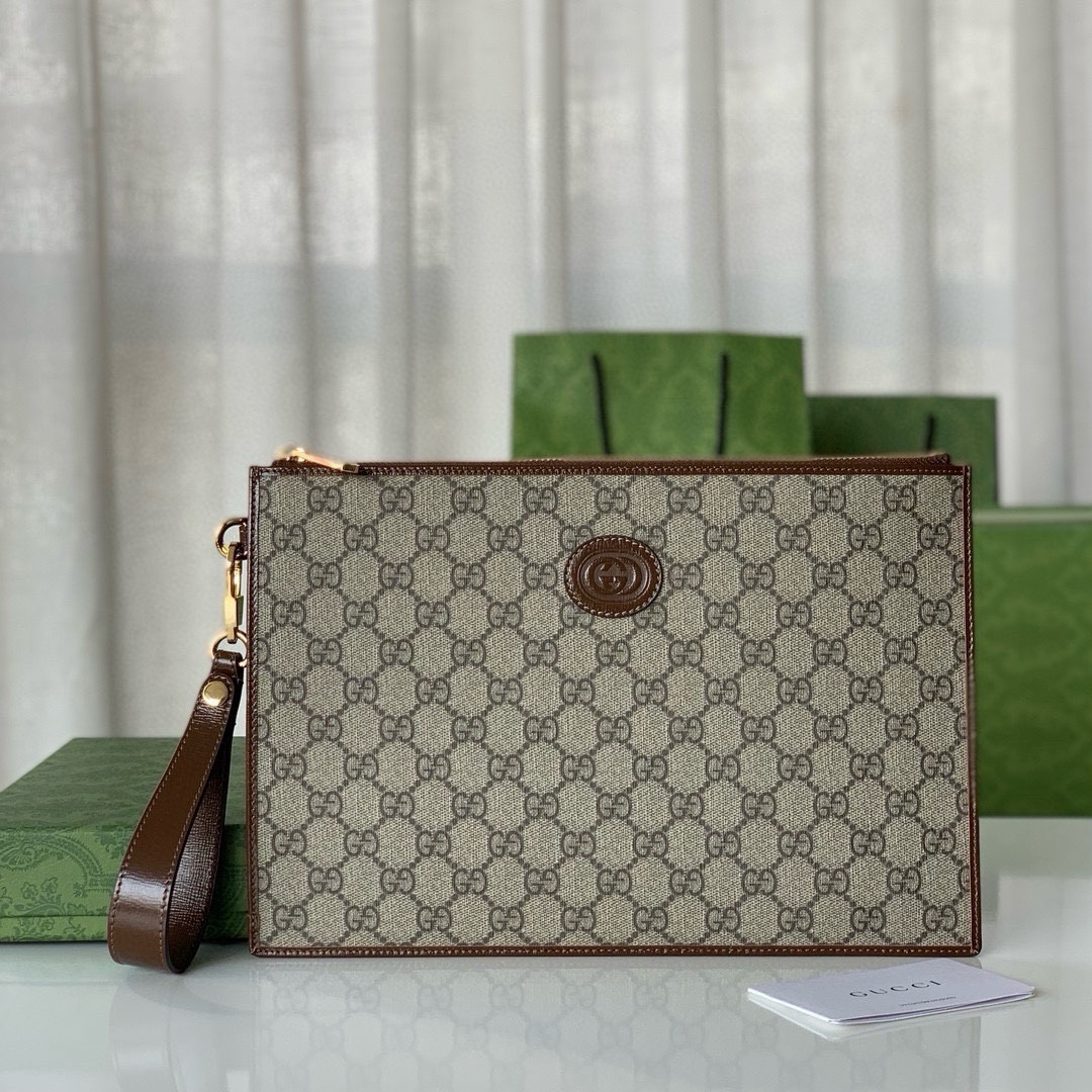 Gucci GG Double G Leather Tag Clutch 672953 Beige/Ebony