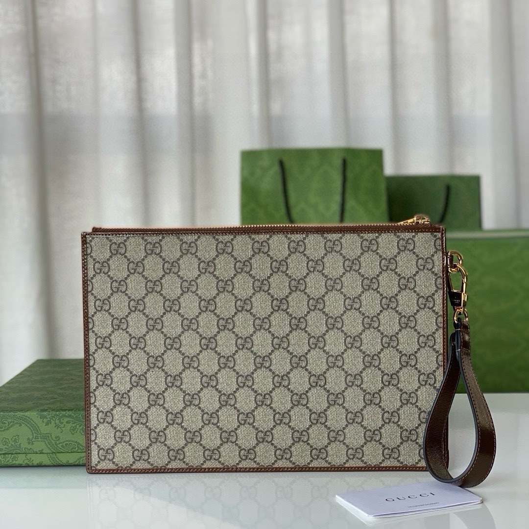 Gucci GG Double G Leather Tag Clutch 672953 Beige/Ebony