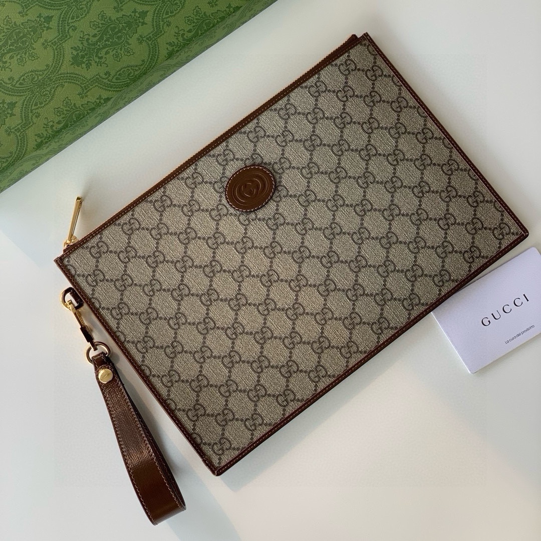 Gucci GG Double G Leather Tag Clutch 672953 Beige/Ebony