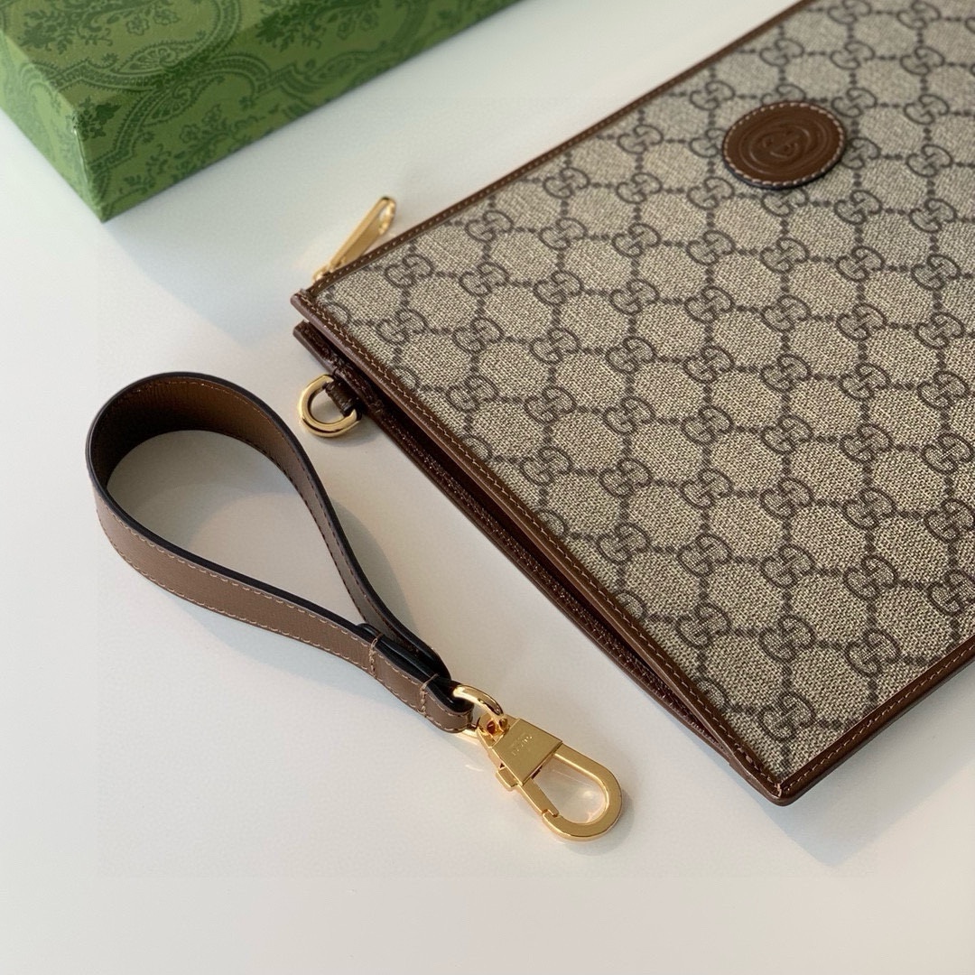 Gucci GG Double G Leather Tag Clutch 672953 Beige/Ebony