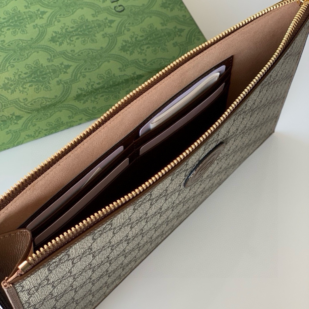 Gucci GG Double G Leather Tag Clutch 672953 Beige/Ebony