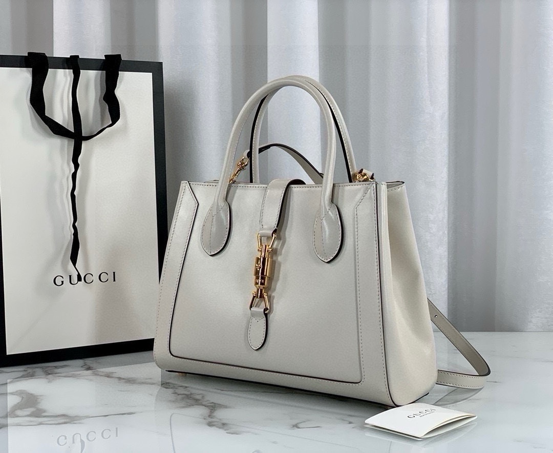 Gucci Jackie 1961 Tote Bag 649016 White Leather with Zipper Closure