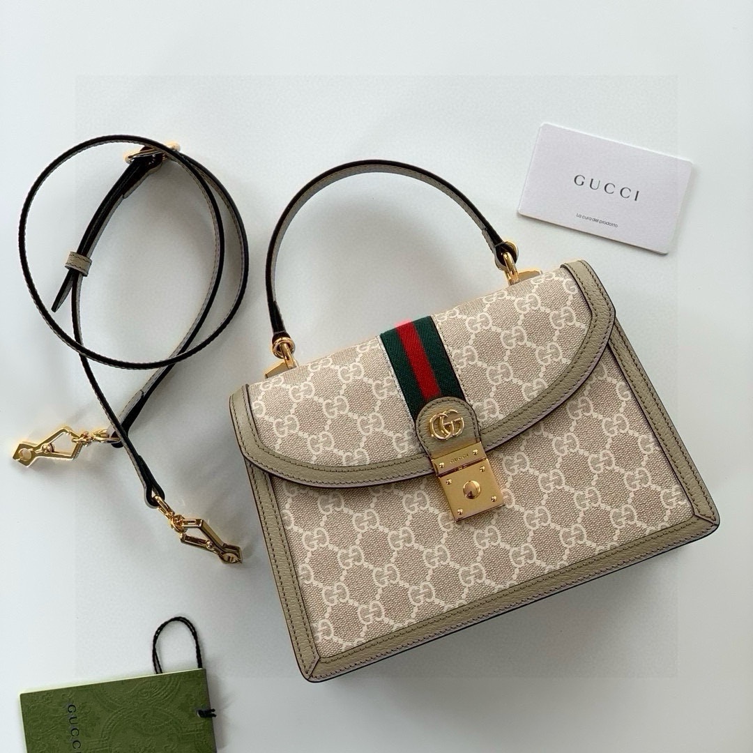 Gucci Ophidia Mini GG Tote Bag 651055 in Beige and White with Oatmeal Leather