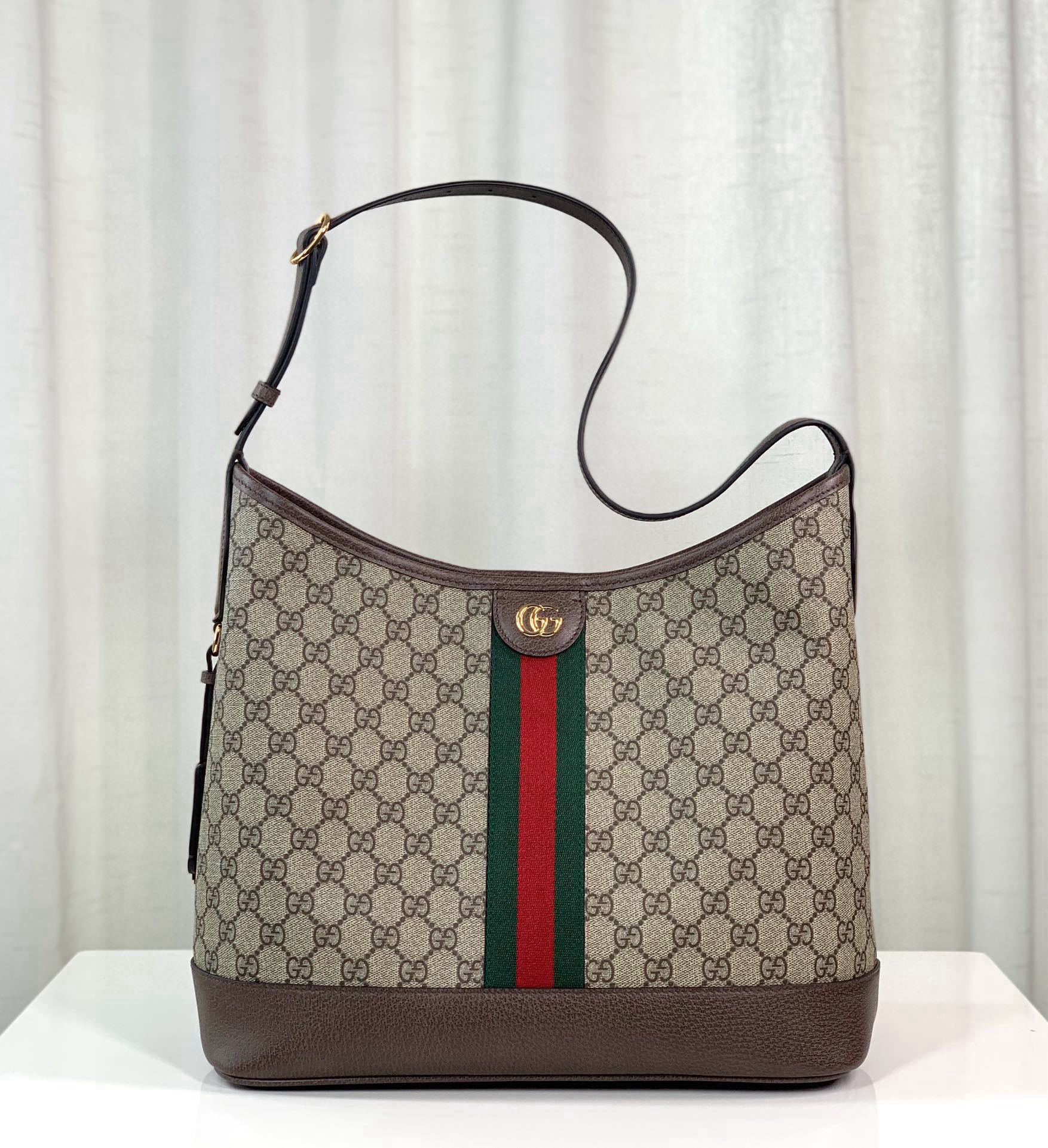 Gucci Ophidia Medium GG Shoulder Bag 781392 in Beige and Ebony with Brown Leather Trim