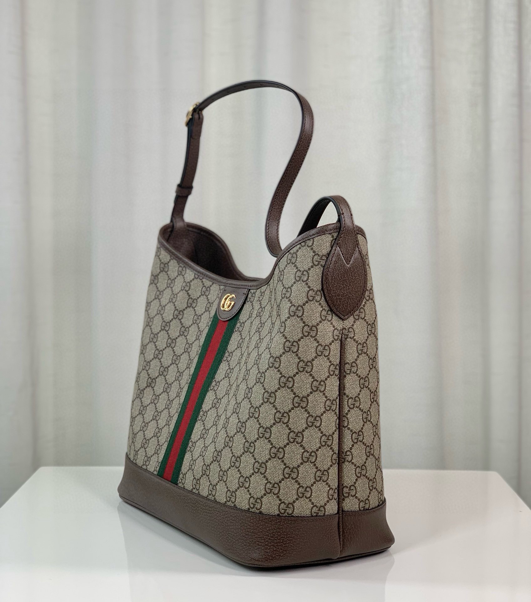 Gucci Ophidia Medium GG Shoulder Bag 781392 in Beige and Ebony with Brown Leather Trim